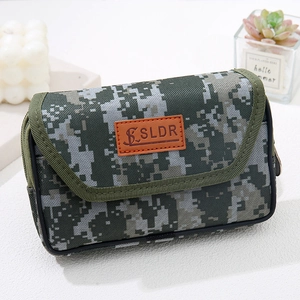 Rugged digital camouflage canvas waist bag with SLDR leather logo on textured surface