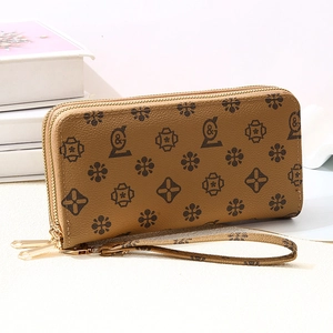 Retro brown long wallet with double zipper and geometric print pattern with wrist strap
