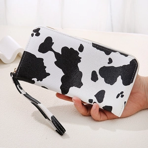 Fashion Women Cow Print Long Zipper Wallet Large Capacity PU Leather Wristlet Clutch Phone Bag Purse Daily Handbag