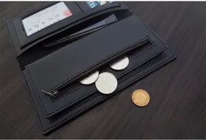 Detail view of the multi-slot interior and zipper pocket of this black leather long wallet