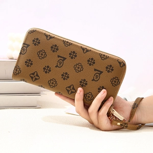 Brown vintage monogram long wallet with double zipper and wristlet for women