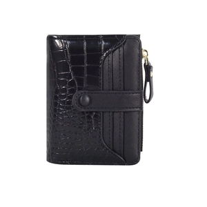 Short black faux leather wallet with crocodile pattern and multi-card slot design