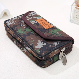 Men's camouflage canvas belt waist bag with dual zippers and digital camo pattern