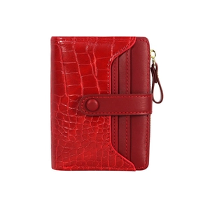 Deep red short wallet with crocodile pattern and zipper closure for women