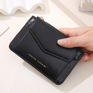 Mini black wrinkled leather wallet with gold zipper and Forever Sunshine print