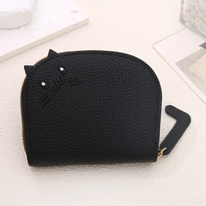 Mini black cat leather coin purse with cute 3D ears and tail zipper puller