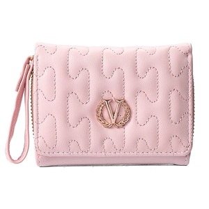 Detail of light pink quilted leather wallet with gold V logo and wristlet strap close-up