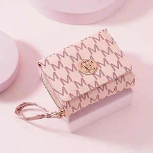 Chic pink tri-fold short wallet with M letter patterns and gold metal ring logo