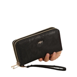 Women's black PU leather long wallet with flower embossing and double zippers