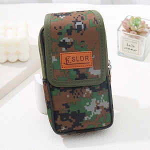 Detail of tactical digital camouflage canvas phone pouch with leather SLDR logo patch