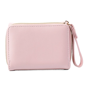 Pink PU leather short wallet with smooth texture, zipper closure and side wrist strap