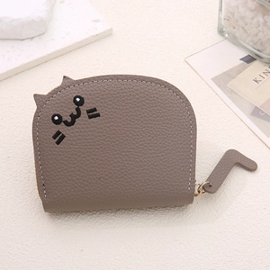 Mini cat-shaped card wallet with cute cat tail zipper and gray lychee grain leather finish