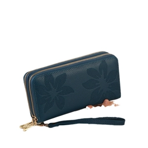 Deep teal long clutch wallet for women with floral embossing and double zipper design