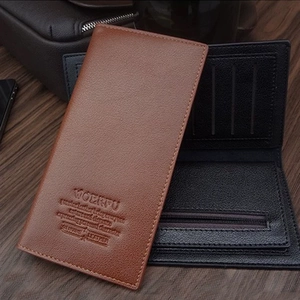 Men's textured leather long wallet showing brown exterior and black interior card slots
