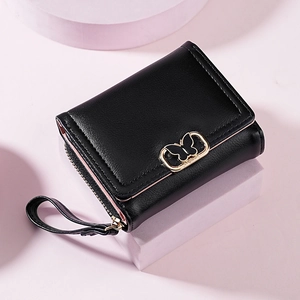 Petit Portefeuille Femme en Cuir PU Élégant Boucle Papillon Dorée Porte-monnaie Pliable à Fermeture Éclair avec Dragonne