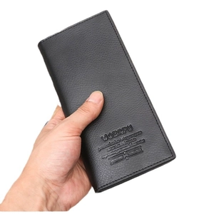 Men's black genuine leather long bifold wallet with lychee texture and branding