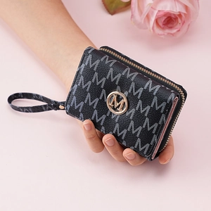 Black vintage tri-fold wallet with M-letter pattern and gold-tone metal logo ring