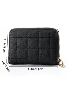 Quilted black card holder wallet with dimensions 11x8x2.5cm and gold zipper detail