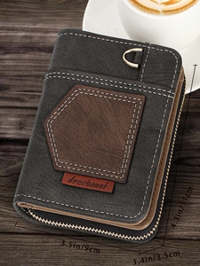 Close-up of vintage bifold wallet showing detailed dimensions and stitching on wood table