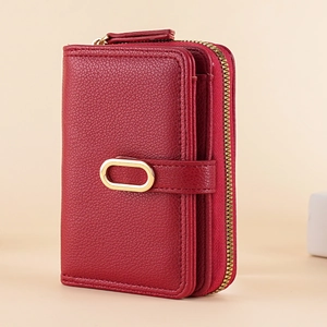 Deep red lychee texture fashion wallet with golden ring buckle and zipper closure