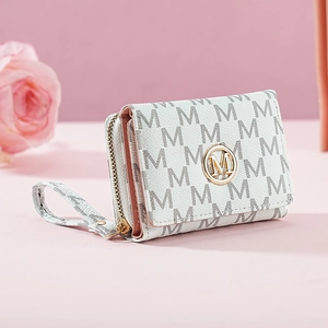 Detailed view of women's mini wallet with letter print, golden logo and wrist strap