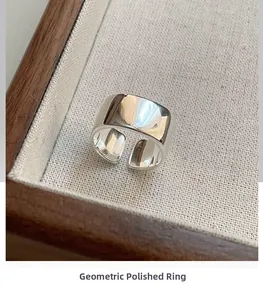 Minimalist S925 sterling silver wide band open ring with a polished geometric mirror finish