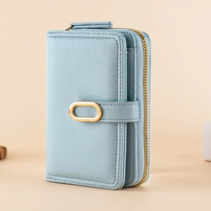 Blue lychee pattern women wallet with gold ring buckle and smooth zipper design