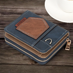 Vintage navy blue bifold men's wallet with brown patchwork and gold zipper detail