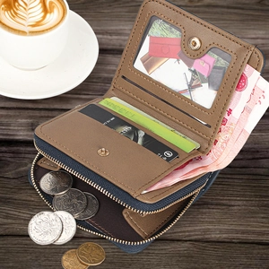 Detail view of bi-fold wallet interior with card slots, ID window and zipper coin pocket