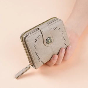 Elegant khaki PU leather women's short wallet with hollow heart and floral clasp