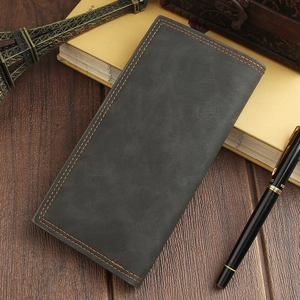Macro view of long men's wallet featuring vintage gray leather and orange contrast stitching