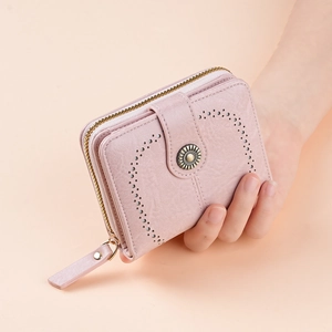 Women's pink oil wax leather wallet with hollow heart pattern and vintage sunflower buckle