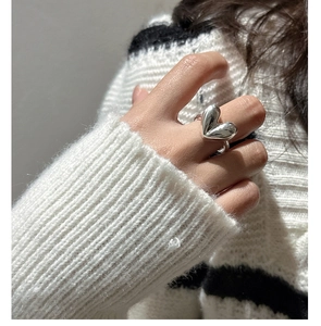 On-finger view of 925 sterling silver heart-shaped ring with polished mirror finish