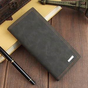 Detail of dark gray men long leather wallet with orange stitching and metal hardware