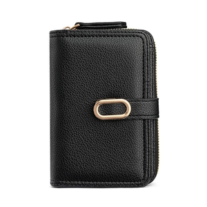 Compact black litchi grain wallet with gold oval buckle and multi-card zipper design