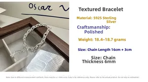 Detail of S925 sterling silver paperclip bracelet with texture, 16+3cm length and 6mm width