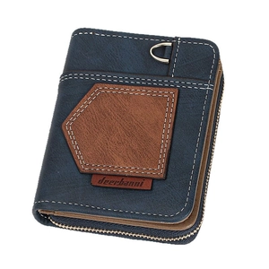 Navy blue faux leather bifold wallet with contrast brown panel and metal ring