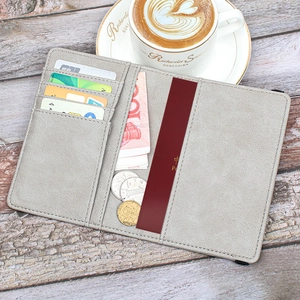 Flat lay of an open light gray RFID travel wallet with passport and card slots