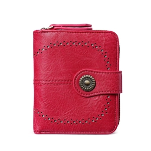 Red oil wax leather wallet for women with hollow-out pattern and metal rivet detail