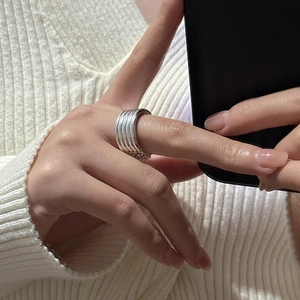 S925 Sterling Silver multilayer chain ring with textured wide band design for women