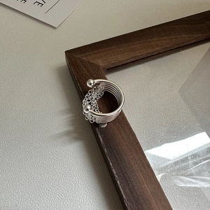 Minimalist S925 sterling silver multi-layer chain ring with dangling metal ball fringe