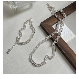 Detailed macro view of S925 silver paperclip link necklace and bracelet set