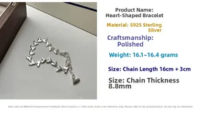 Detailed view of S925 sterling silver heart link bracelet with 16+3cm size specs