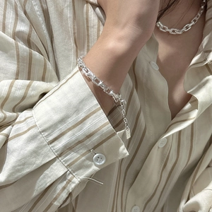 Elegant S925 sterling silver paperclip link chain bracelet and necklace set for women