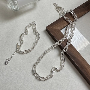 S925 sterling silver chunky paperclip chain necklace and bracelet set with hammered texture