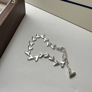 S925 Sterling Silver Heart Link Bracelet For Women Vintage Korean Style Solid Heart Bracelet With Rhinestone Charm Jewelry