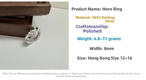 Detail specifications for S925 sterling silver croissant ring weighing 6.8g to 7.1g