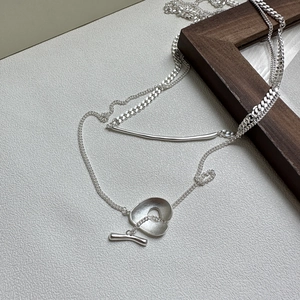 S925 sterling silver matte heart pendant necklace with OT toggle clasp and layered chain