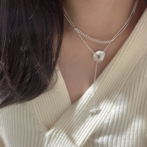 Minimalist S925 sterling silver layered necklace with OT buckle and round pendant