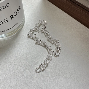 925 Sterling Silver U-Shaped Horseshoe Link Bracelet For Women Vintage Industrial Hammered Texture Chain Fashion Jewelry